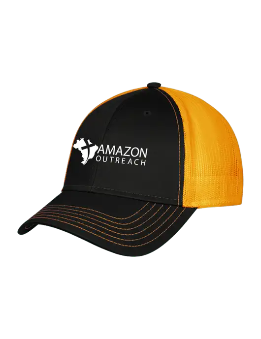 Black/Black/Gold Mesh Gold Stitching on Bill Trucker Cap Snap Back

 w/Amazon Outreach Logo