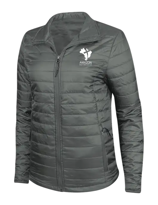 Dark Grey Womens Puffy Packable Jacket w/Amazon Outreach Logo
