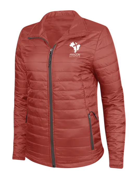 Dark Red Womens Puffy Packable Jacket w/Amazon Outreach Logo