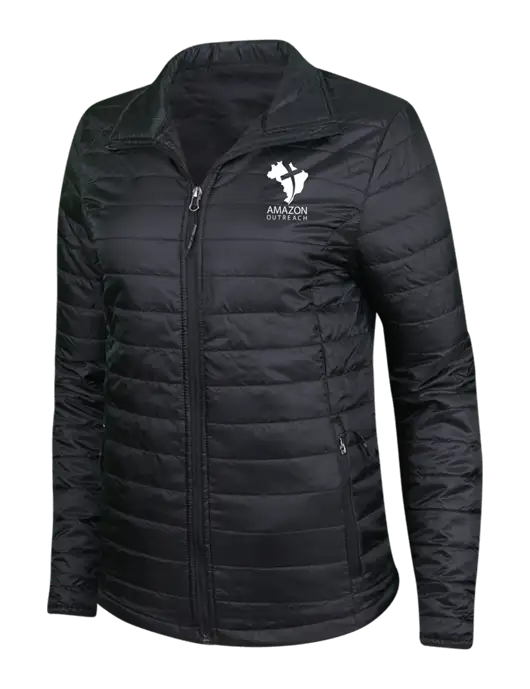 Womens Black Puffy Packable Jacket w/Amazon Outreach Logo